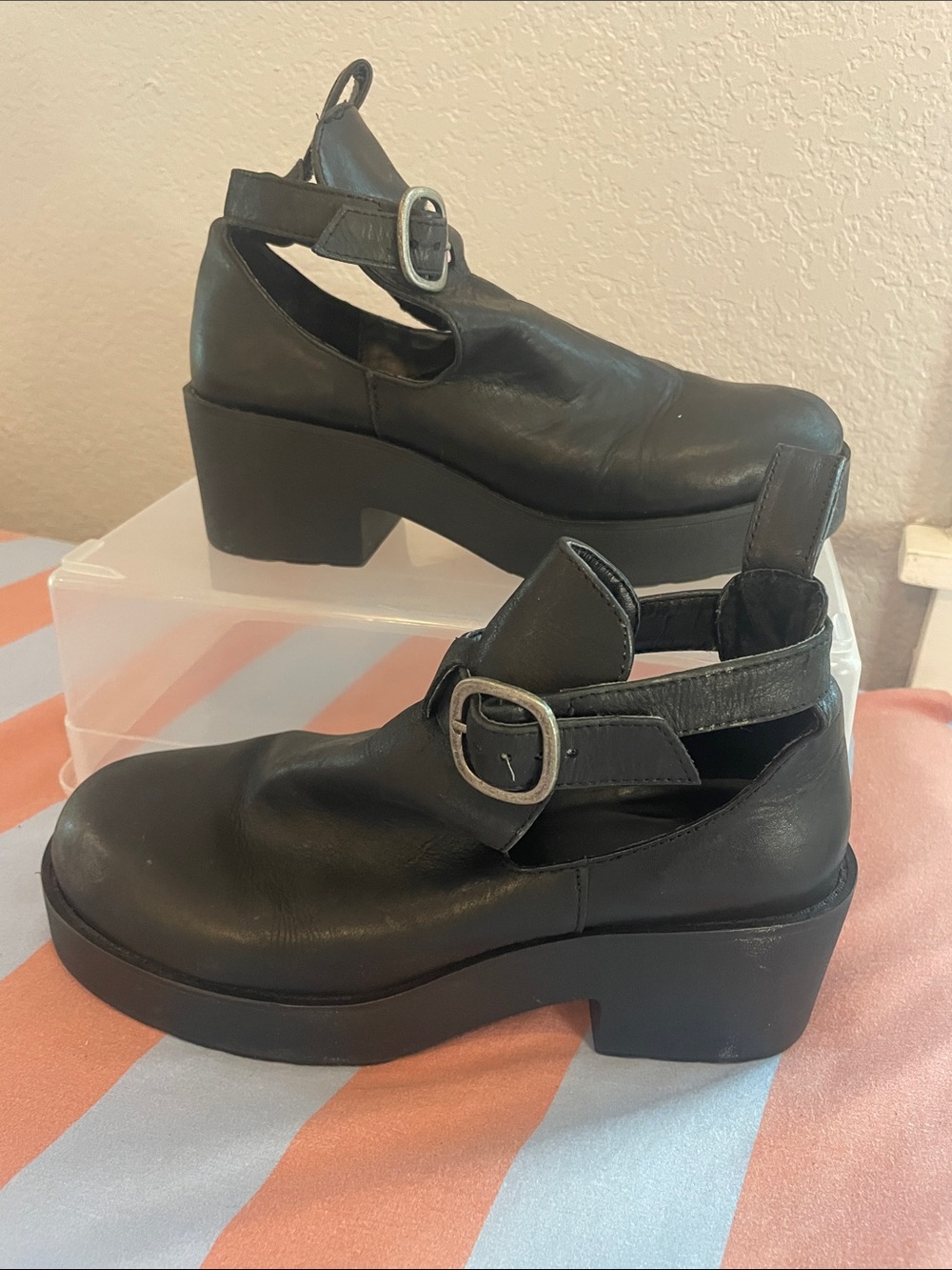 Women's ALDO Black Cutout Buckle Platform Heels